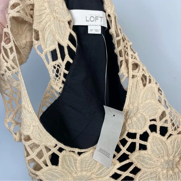 NWT LOFT Black Linen Shift Mini Dress Beige Crochet Lace Floral Neck Color Block - Picture 8 of 13
